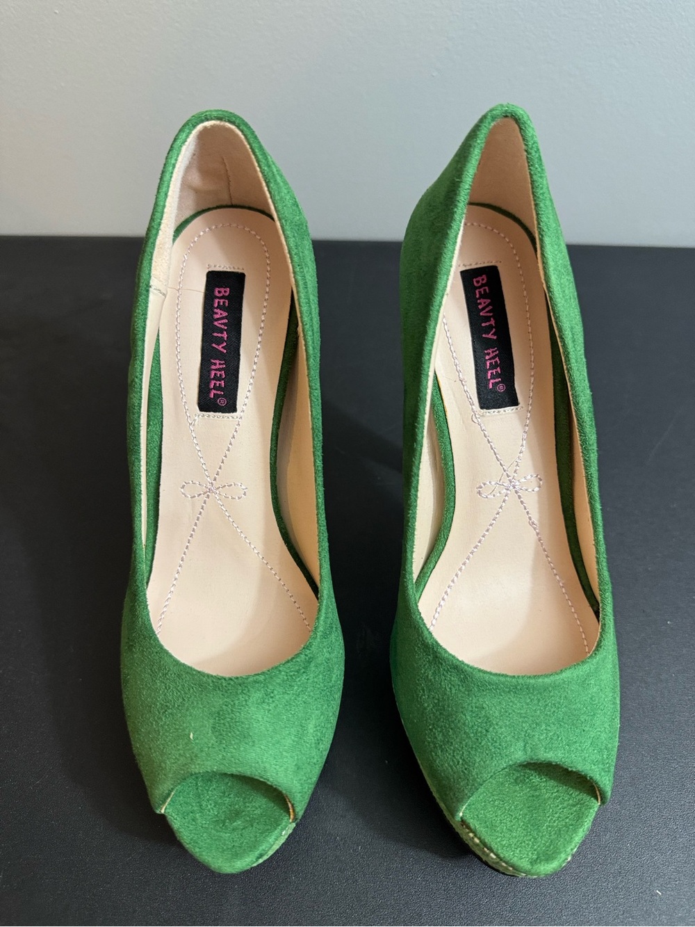 Green Suede Peep-Toe Pumps